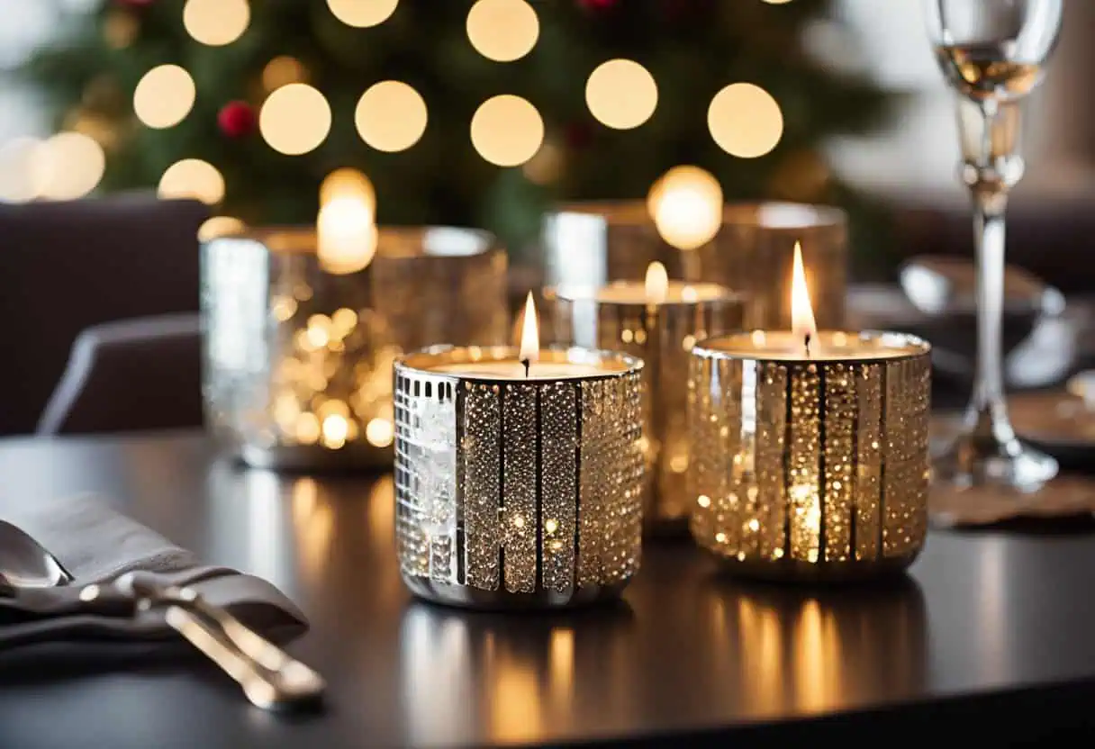 Shimmering mercury glass candle holders adorn a festive holiday table, casting a warm glow in an elegant home setting