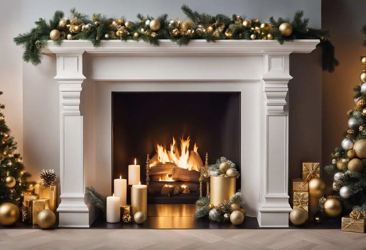 A grand fireplace mantel adorned with opulent fur stocking holders, surrounded by festive holiday decor