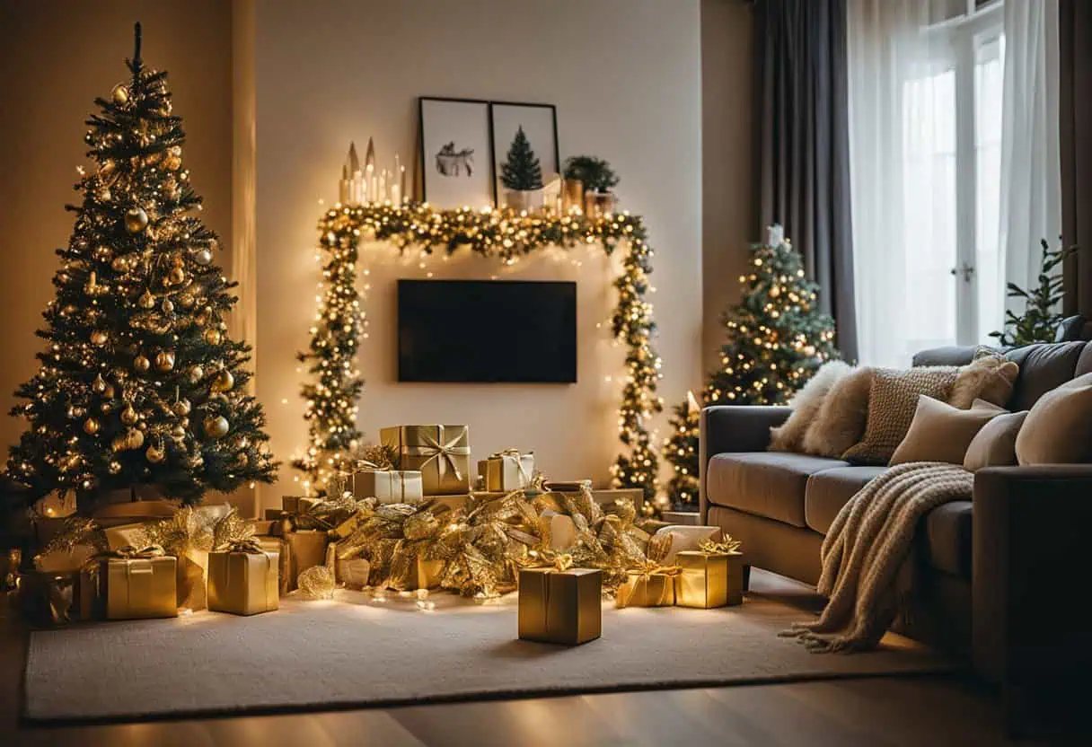 A cozy living room adorned with gold leaf branch lights, creating a luxurious and festive Christmas home decor ambiance