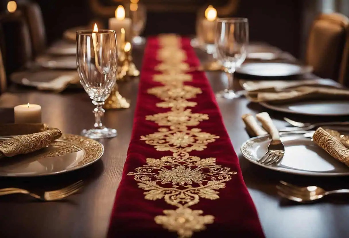 A long, red velvet table runner adorned with intricate gold embroidery, set on a polished wooden dining table surrounded by flickering candles and glistening silverware