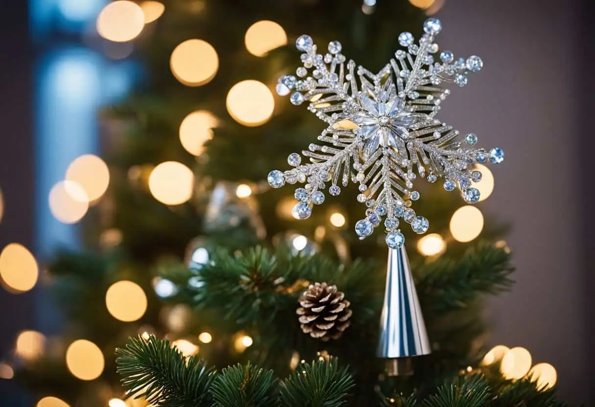 A sparkling Swarovski Christmas tree topper adorns a beautifully decorated Christmas tree in a luxurious home setting