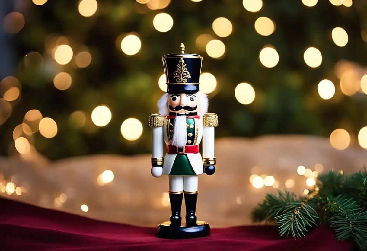 A porcelain nutcracker statue stands on a velvet-covered table, surrounded by twinkling lights and festive greenery