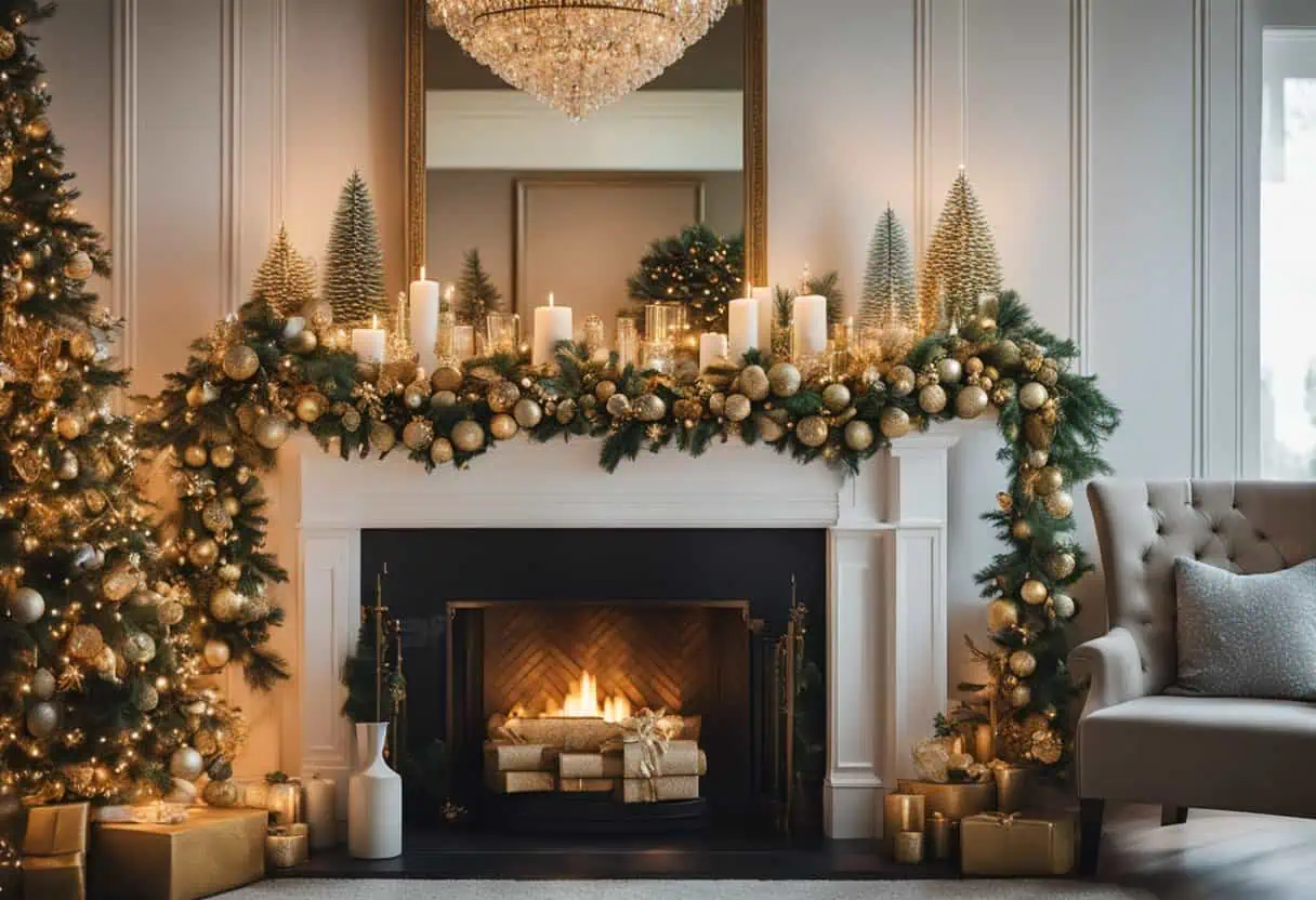 A grand fireplace mantel adorned with a lush silk poinsettia garland, creating a sense of opulent luxury in a beautifully decorated Christmas home