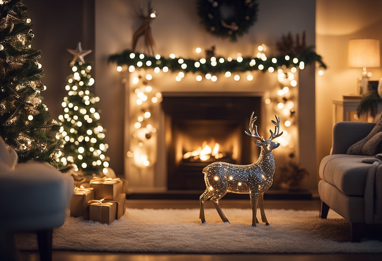 A cozy living room with a fireplace adorned with a set of intricately designed Santa's reindeer figurines, surrounded by twinkling Christmas lights and festive greenery