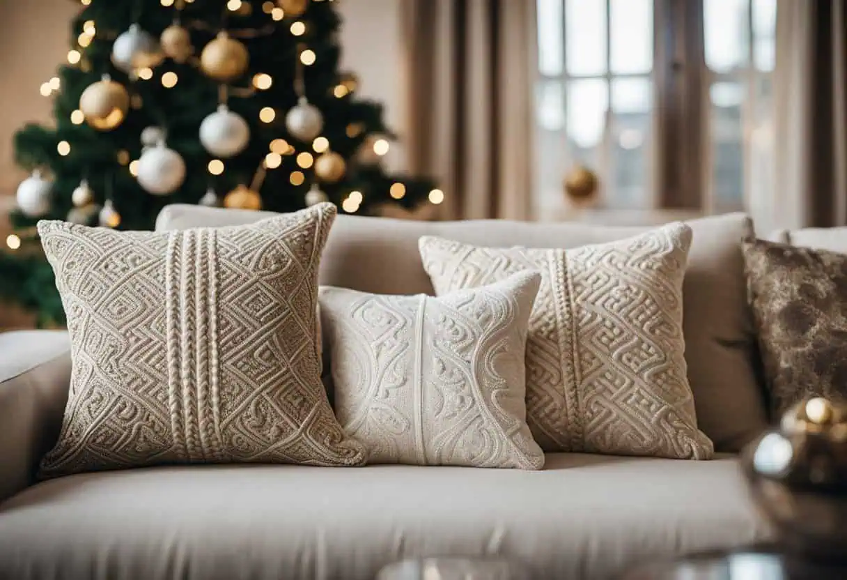 A cozy living room adorned with festive embroidered pillow covers, adding a touch of luxury to the Christmas home decor