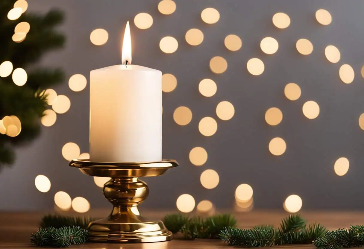 A marble and brass candle stand sits on a polished wooden table, surrounded by twinkling Christmas lights and greenery