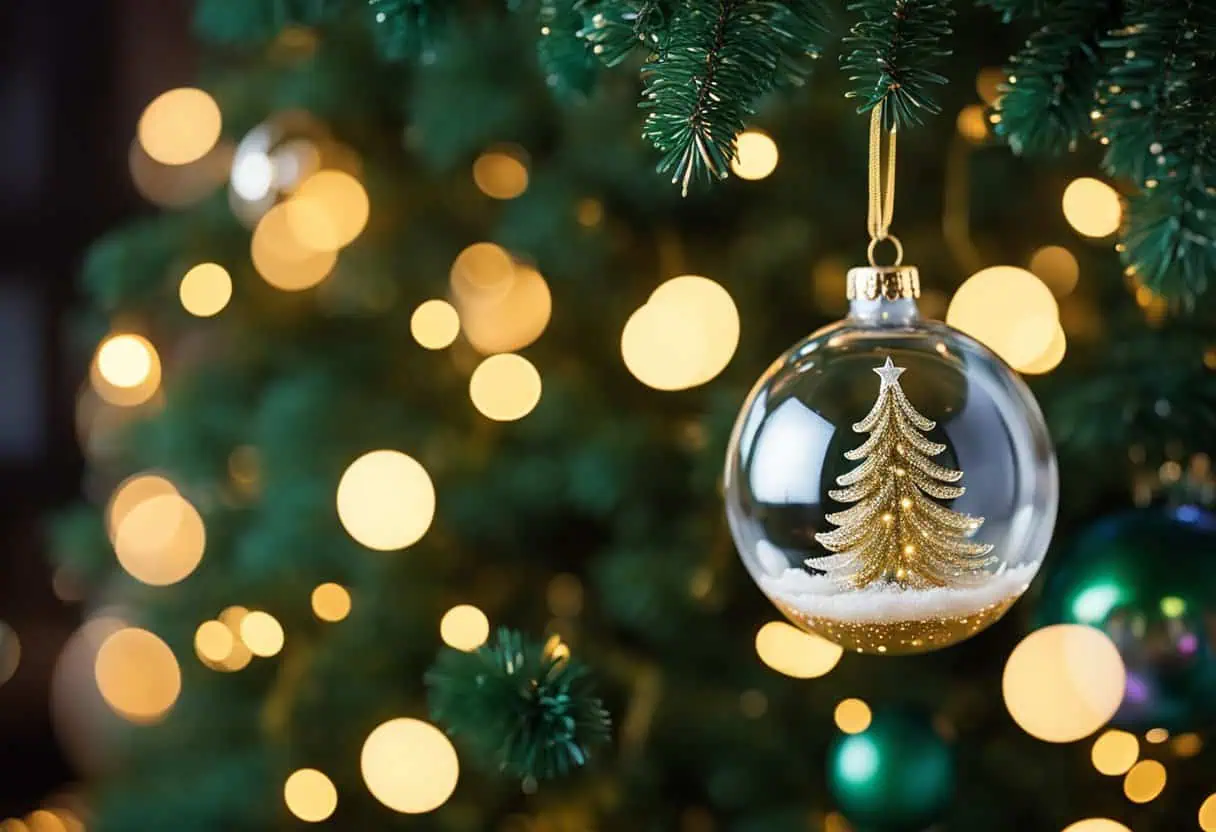 Hand-blown glass baubles hang from a grand Christmas tree, catching the warm glow of twinkling lights in an opulent living room